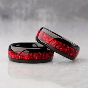 New Elegant Black Tungsten Ring with Red Inlay